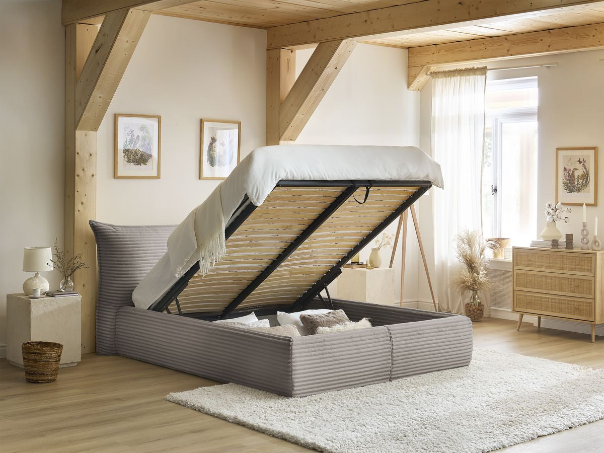 Lit coffre JADE avec tête de lit effet oreiller gros côtelé doux