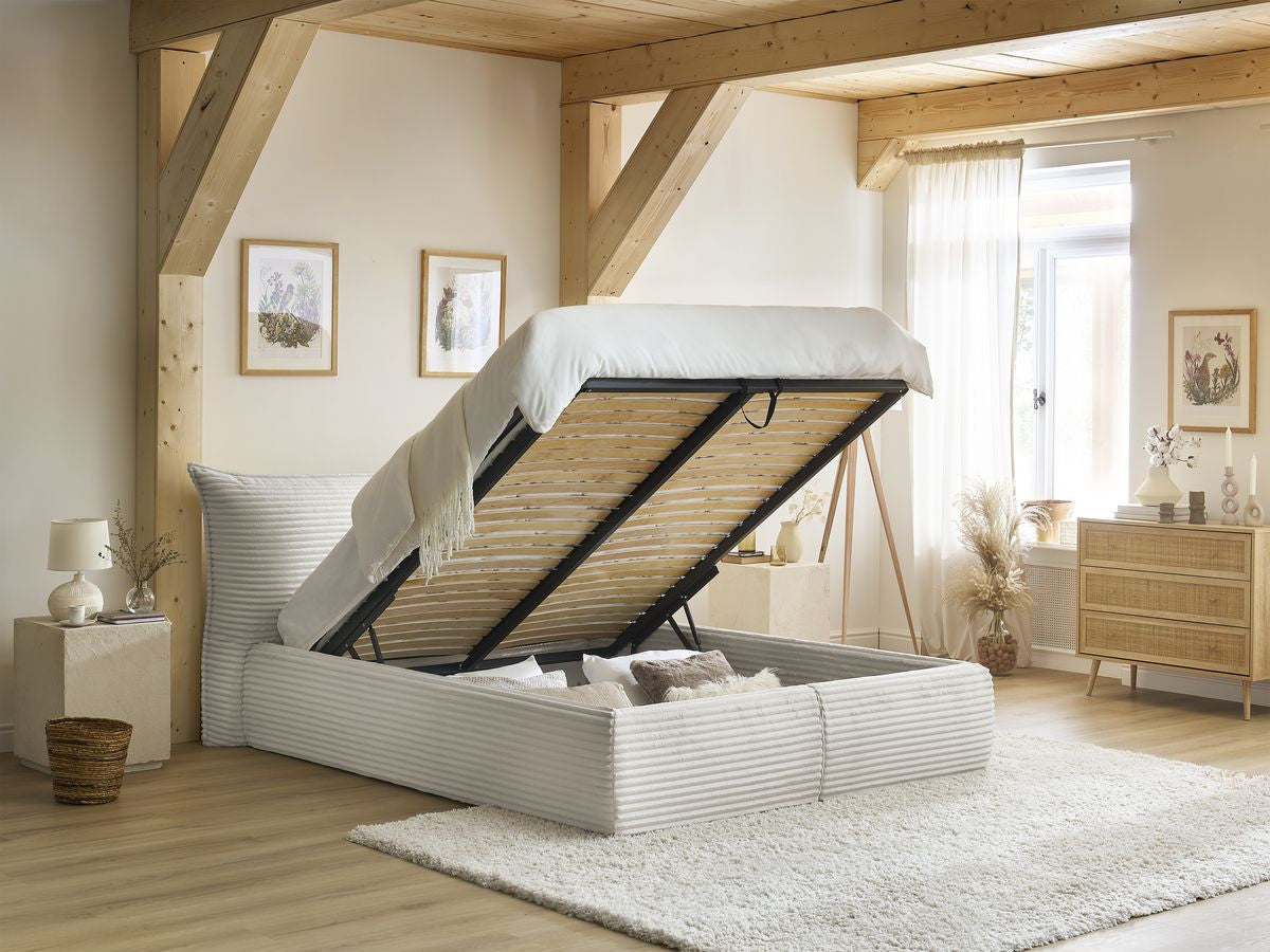 Lit coffre JADE avec tête de lit effet oreiller gros côtelé doux
