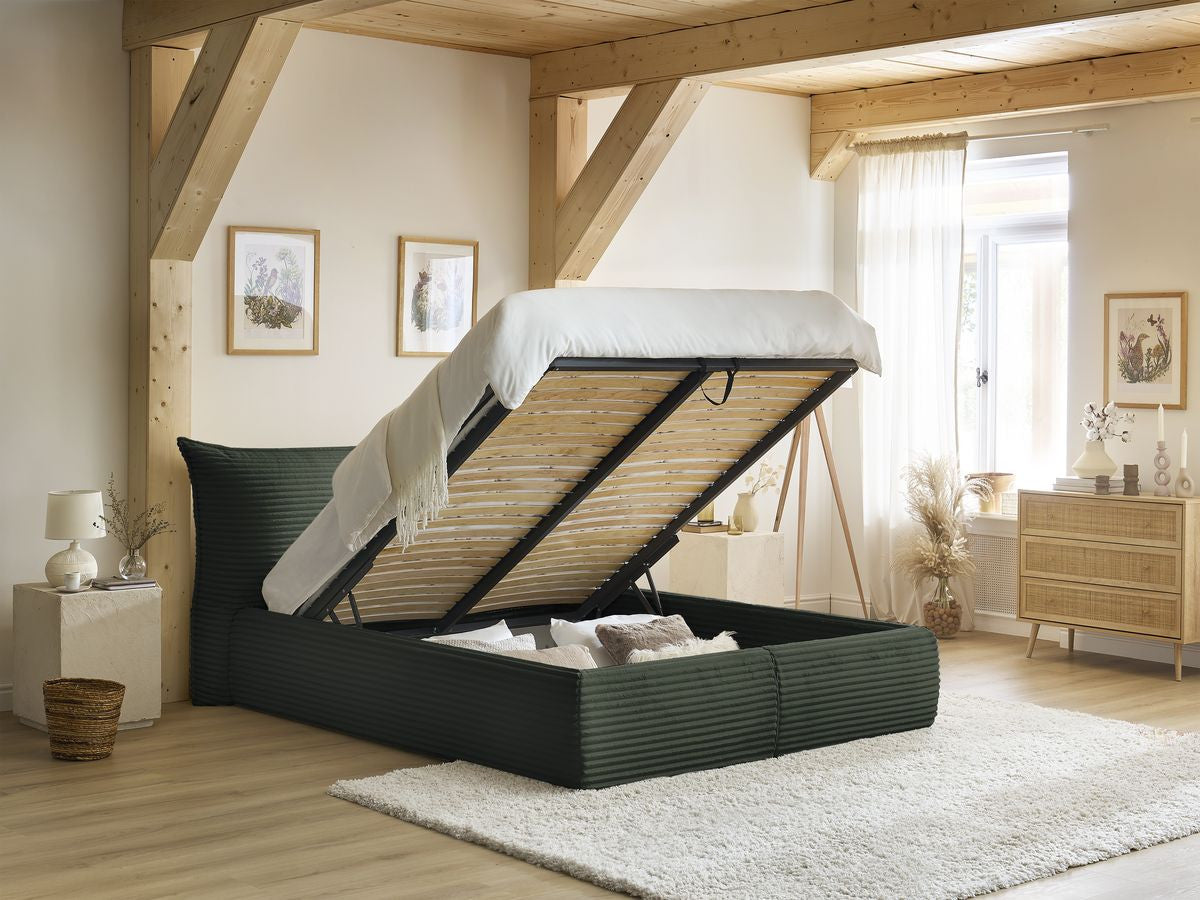 Lit coffre JADE avec tête de lit effet oreiller gros côtelé doux