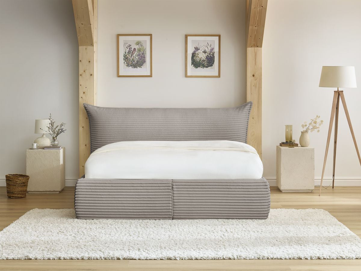 Lit coffre JADE avec tête de lit effet oreiller gros côtelé doux