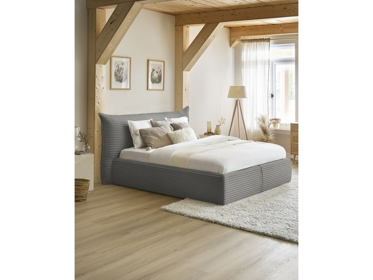 Lit coffre JADE avec tête de lit effet oreiller gros côtelé doux