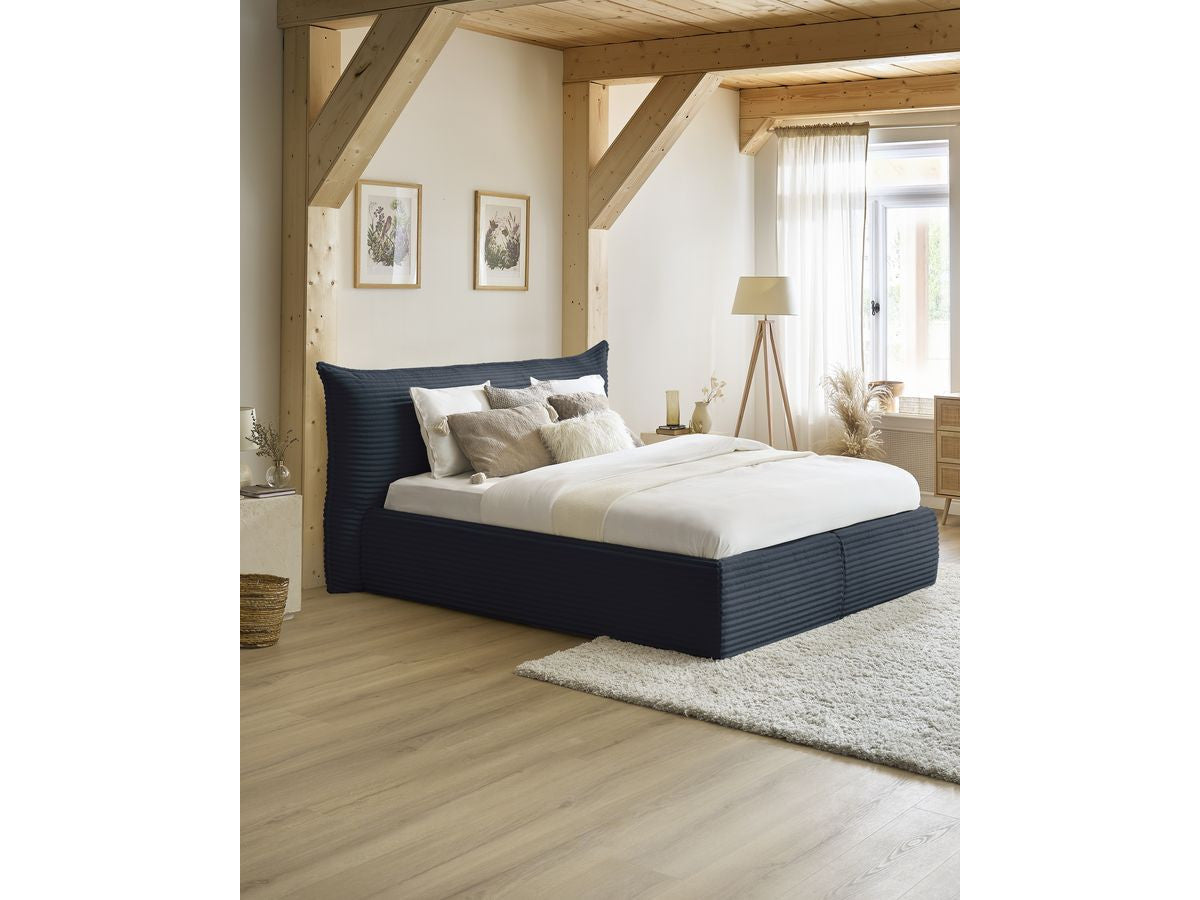 Lit coffre JADE avec tête de lit effet oreiller gros côtelé doux