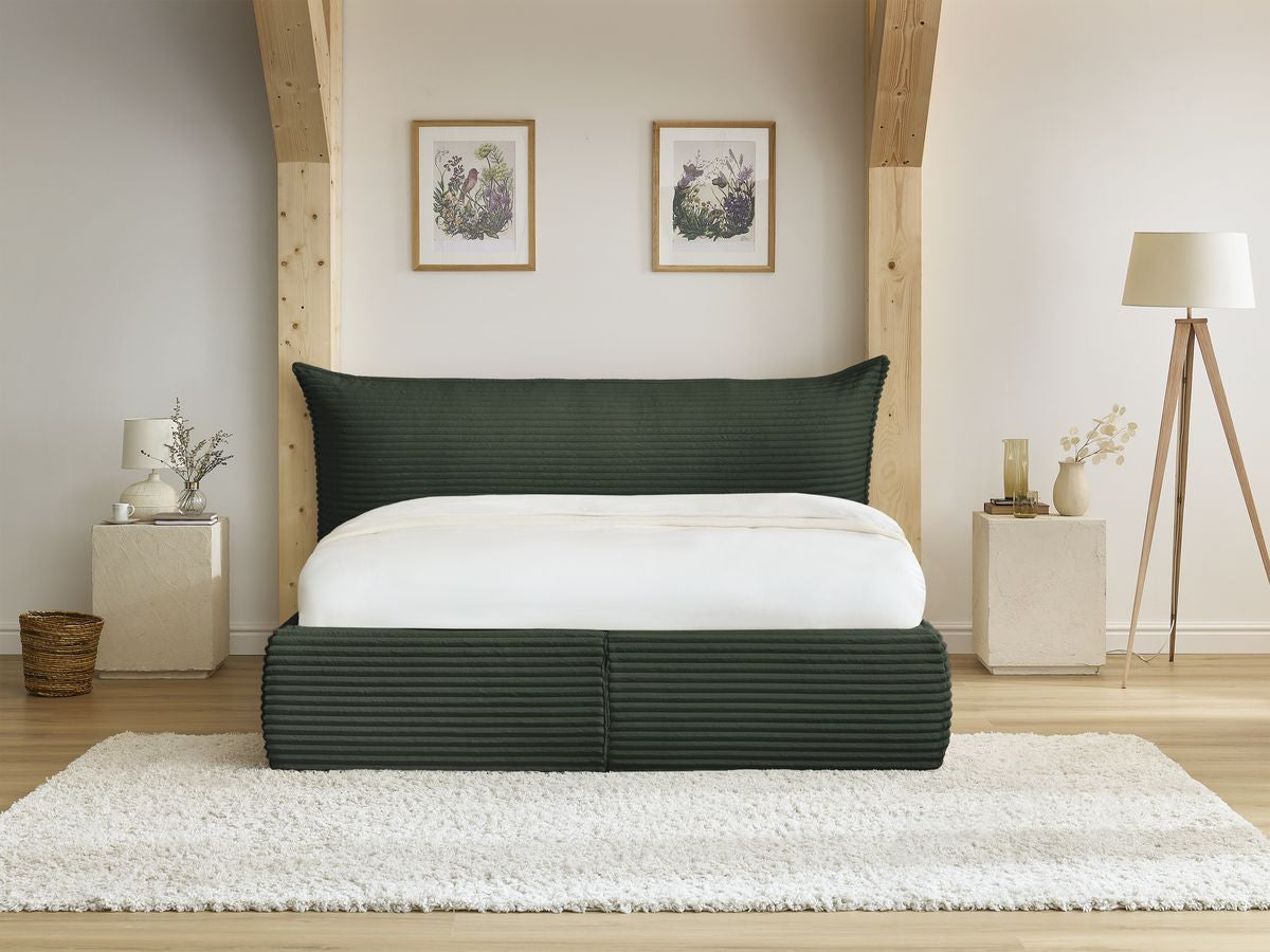 Lit coffre JADE avec tête de lit effet oreiller gros côtelé doux