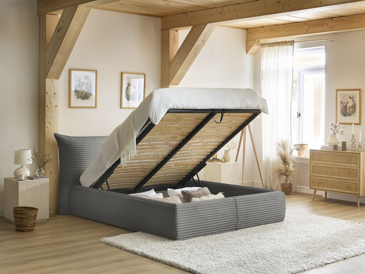 Lit coffre JADE avec tête de lit effet oreiller gros côtelé doux