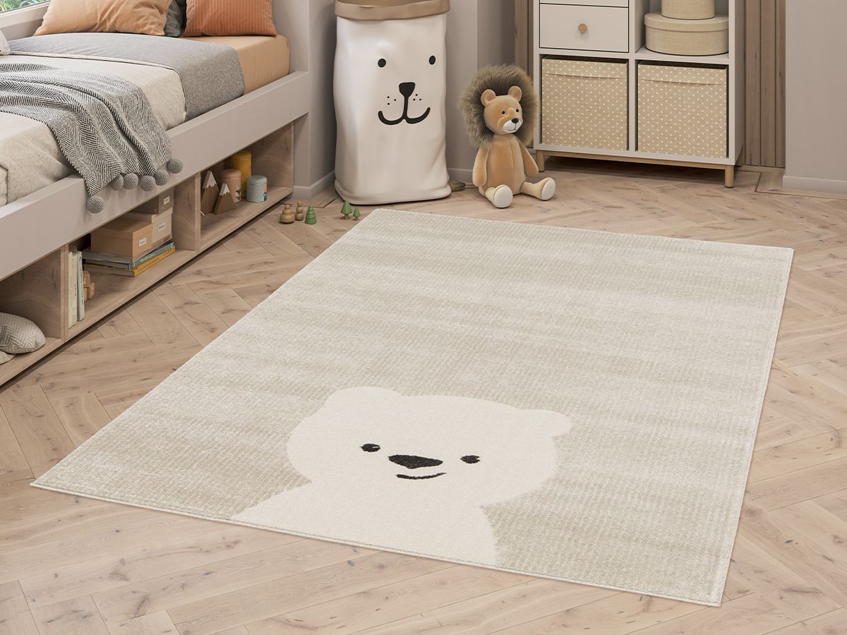 Tapis enfant poils courts WINNY motif ourson - Beige foncé
