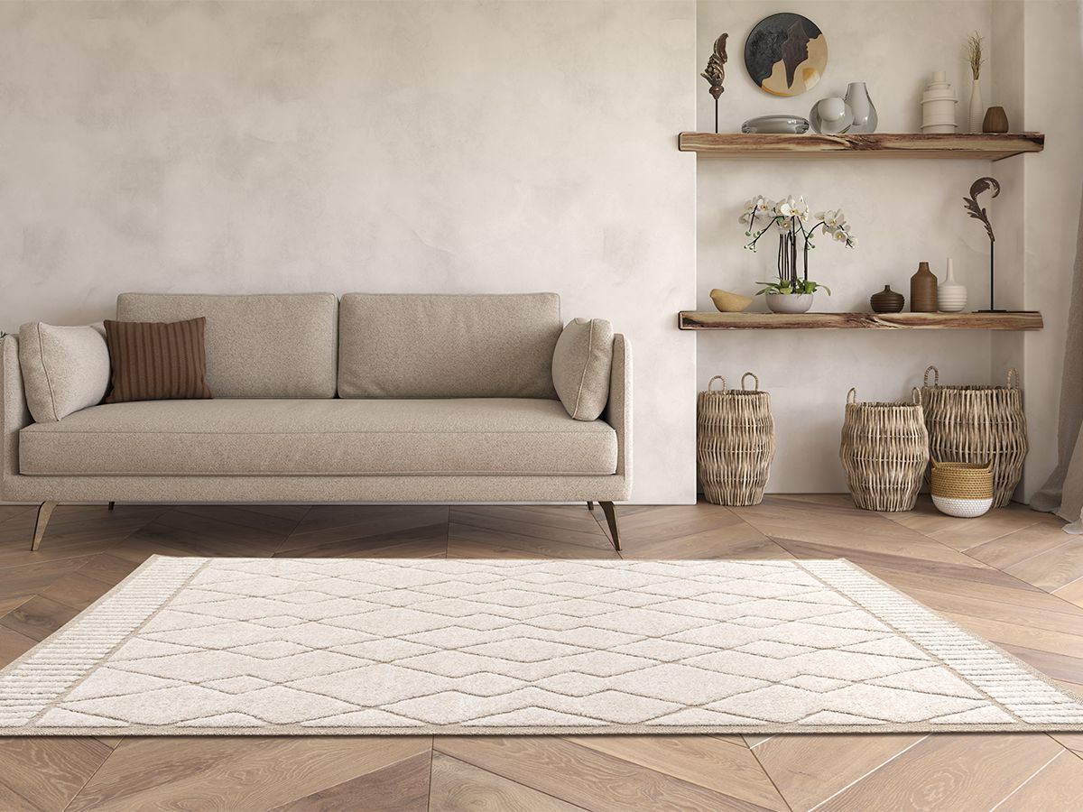 Tapis poil ras AGOSTO motif abstrait - Beige