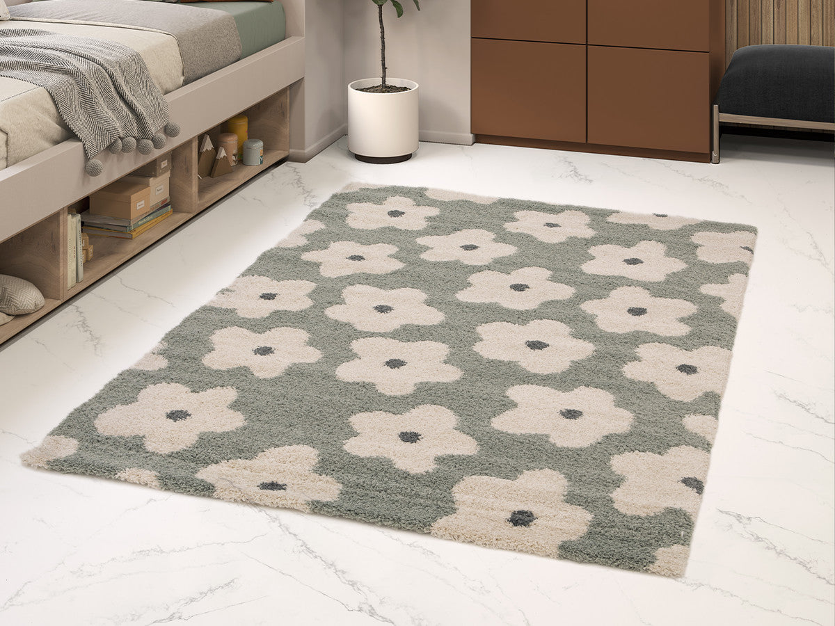 Tapis poils courts SUZY motif fleur - Bleu