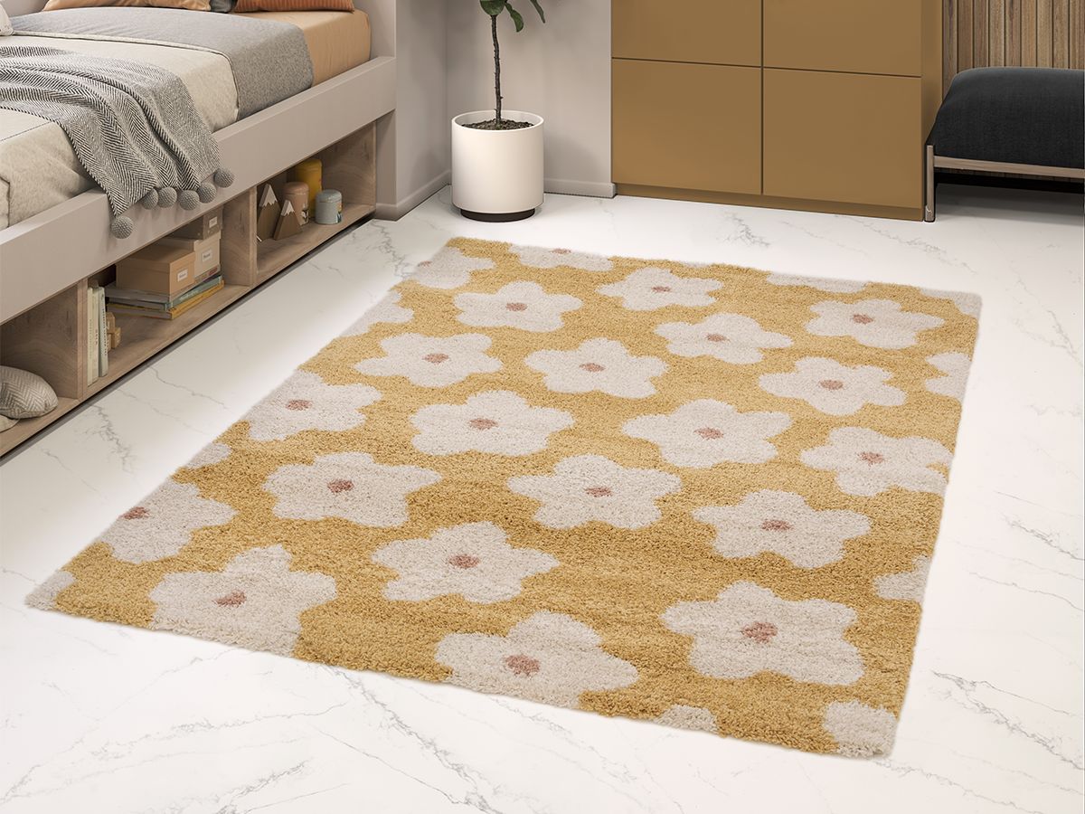 Tapis poils courts SUZY motif fleur - Jaune