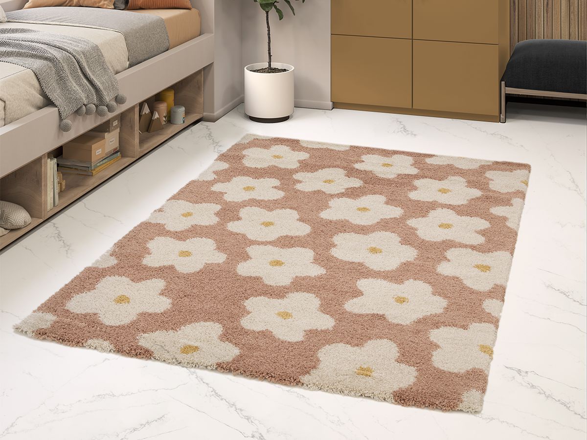Tapis poils courts SUZY motif fleur - Rose