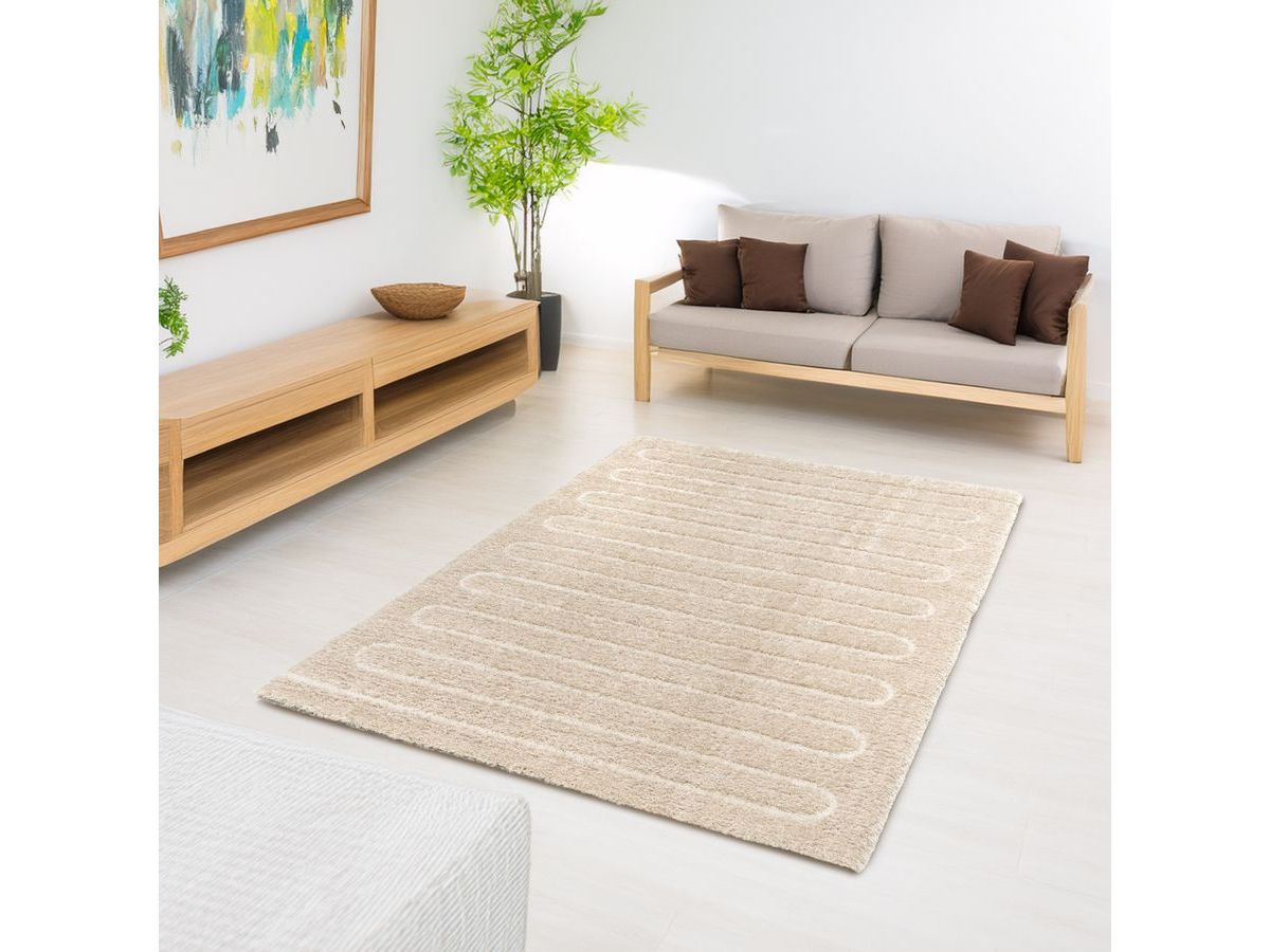Tapis poils longs CYRELLO motif graphique - Beige