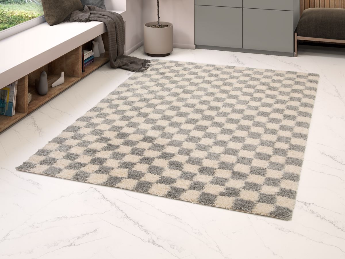 Tapis poils longs DAMIEN motifs damier - Gris
