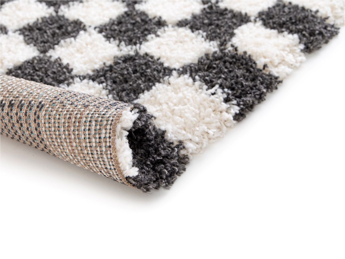 Tapis poils longs DAMIEN motifs damier - Noir