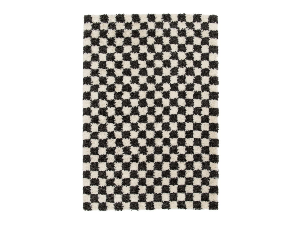 Tapis poils longs DAMIEN motifs damier - Noir
