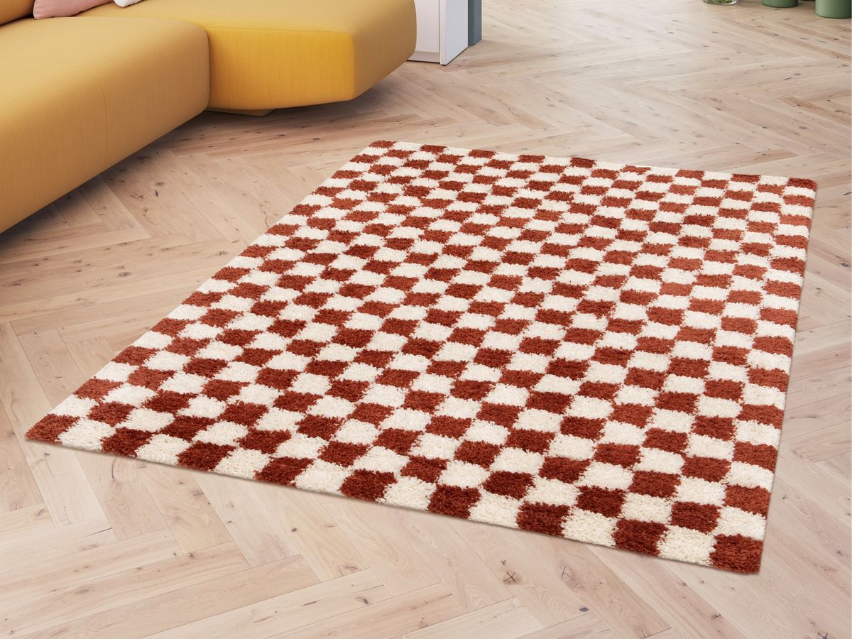 Tapis poils longs DAMIEN motifs damier - Orange
