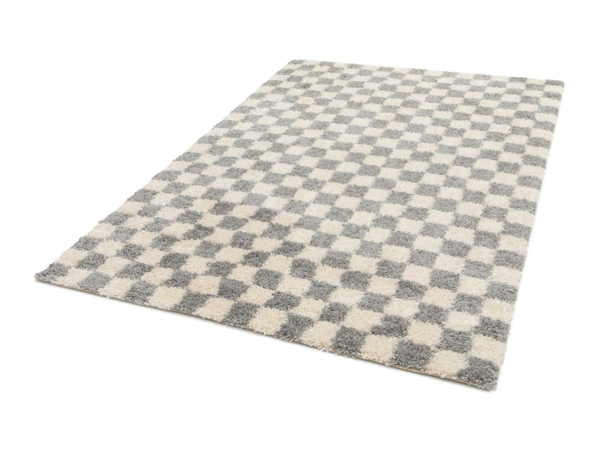 Tapis poils longs DAMIEN motifs damier - Gris