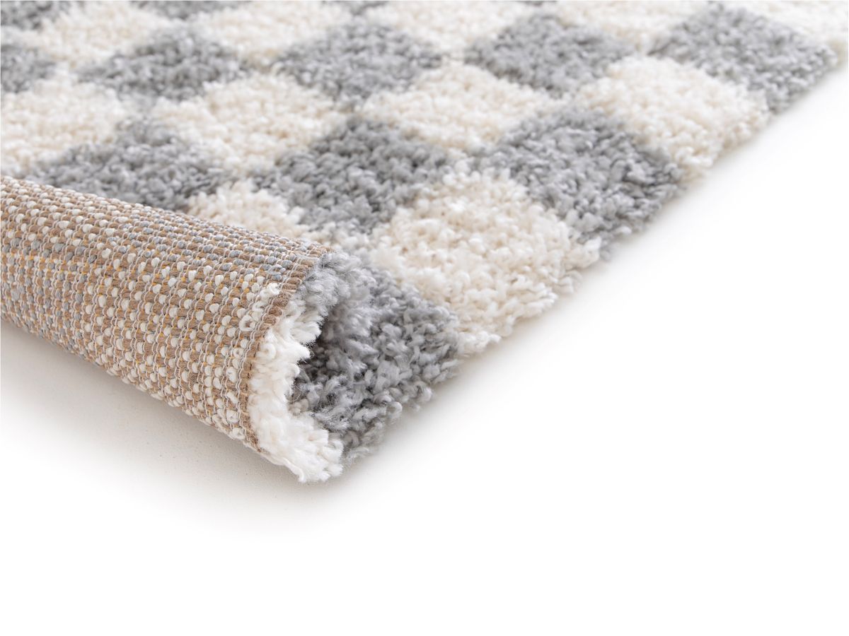 Tapis poils longs DAMIEN motifs damier - Gris
