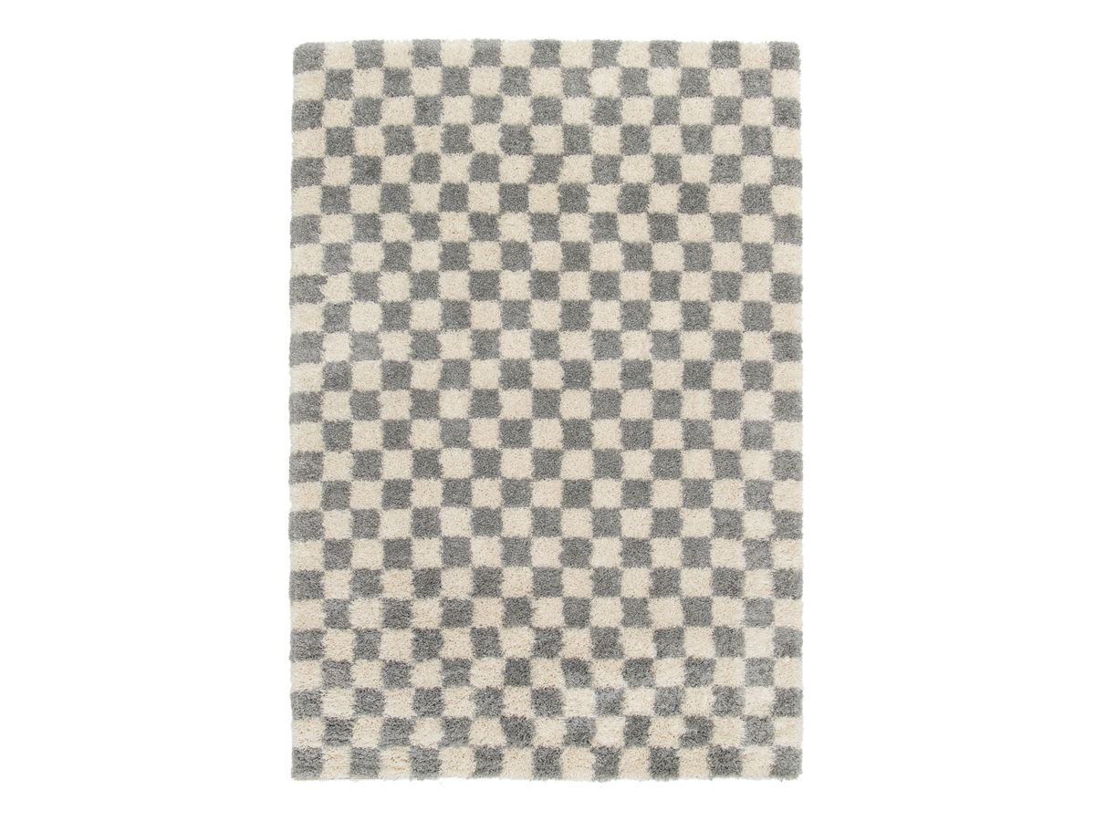 Tapis poils longs DAMIEN motifs damier - Gris