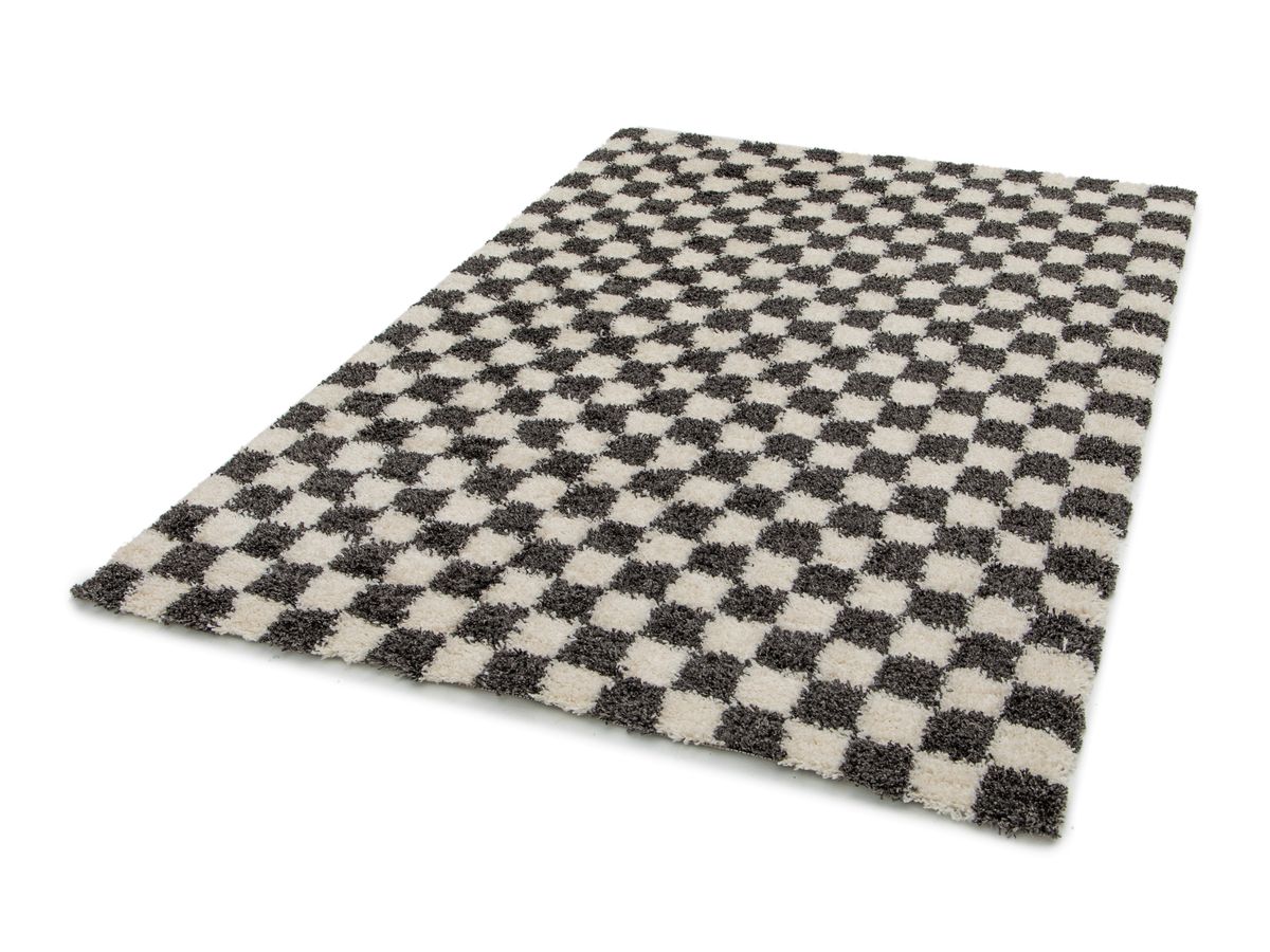 Tapis poils longs DAMIEN motifs damier - Noir