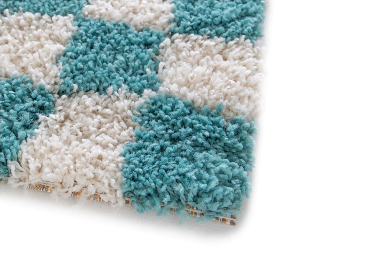 Tapis poils longs DAMIEN motifs damier - Bleu clair