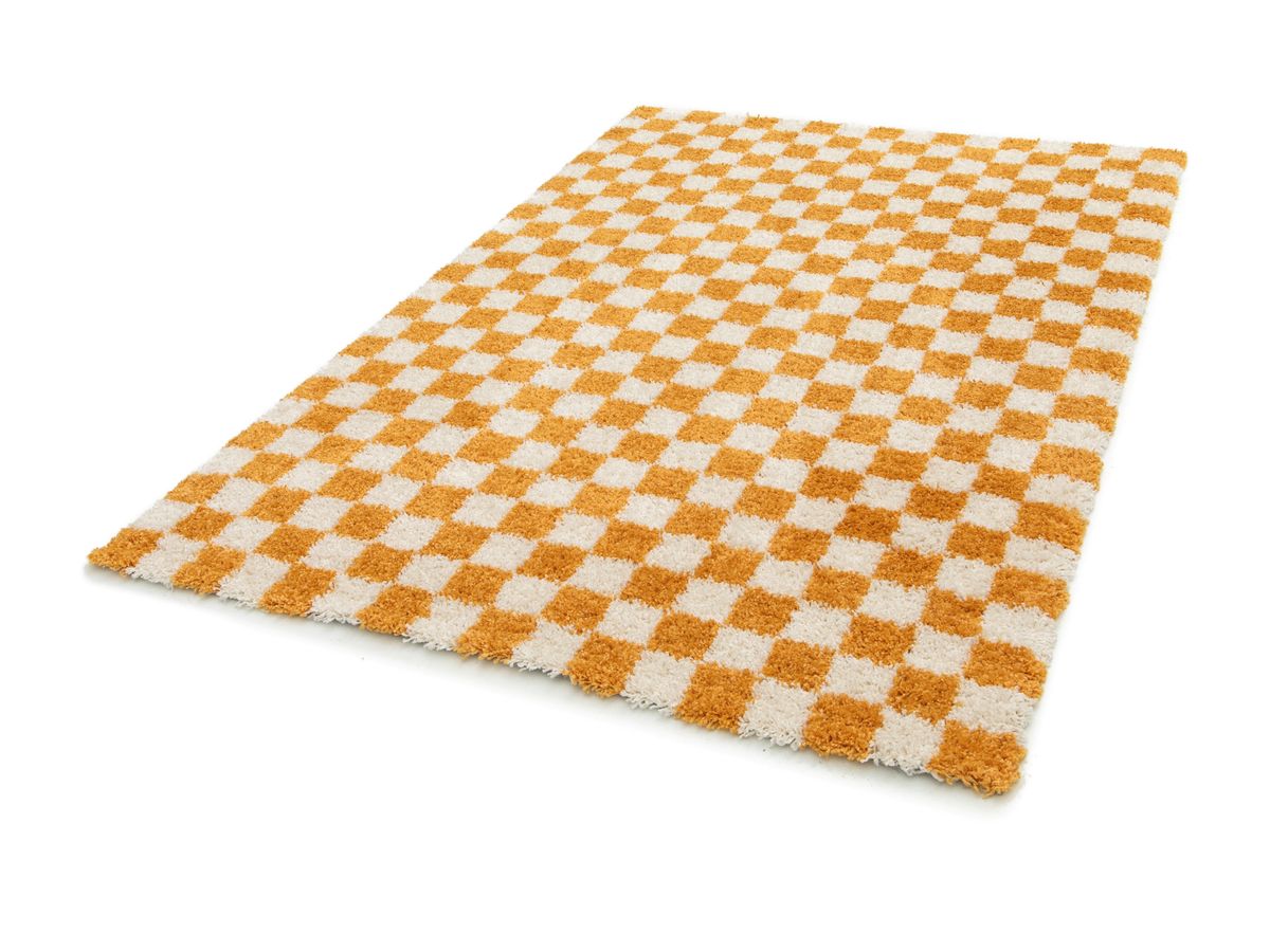 Tapis poils longs DAMIEN motifs damier - Jaune