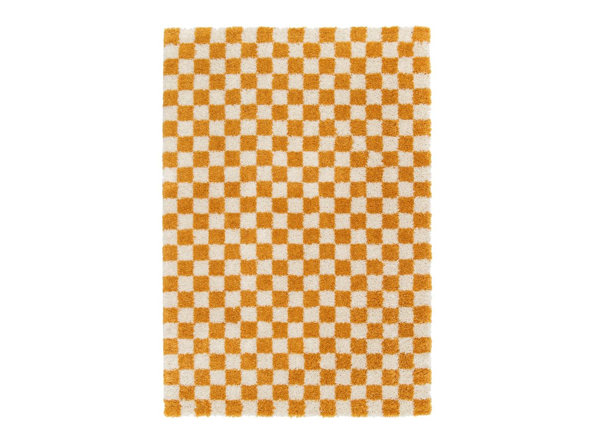Tapis poils longs DAMIEN motifs damier - Jaune