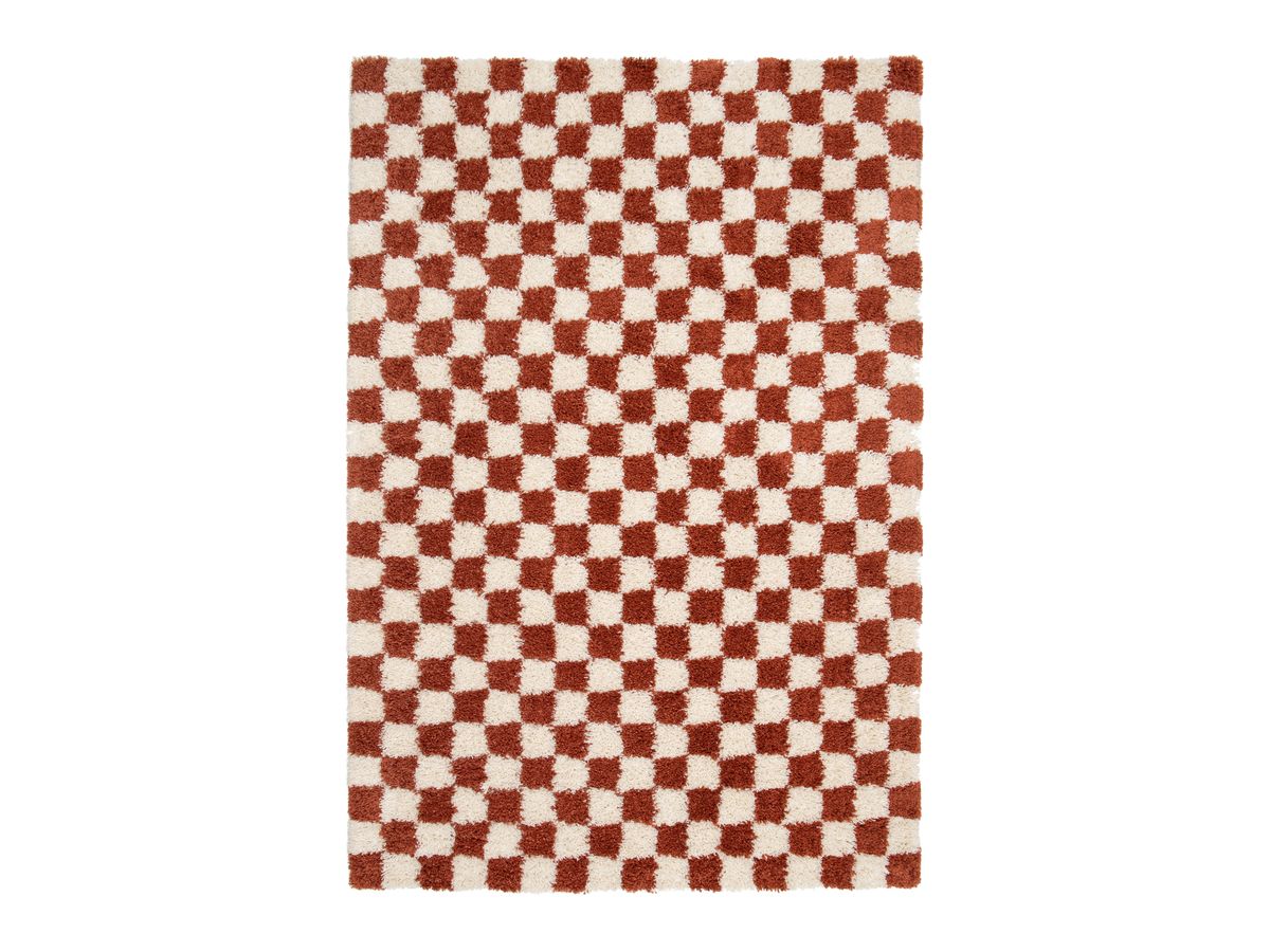 Tapis poils longs DAMIEN motifs damier - Orange
