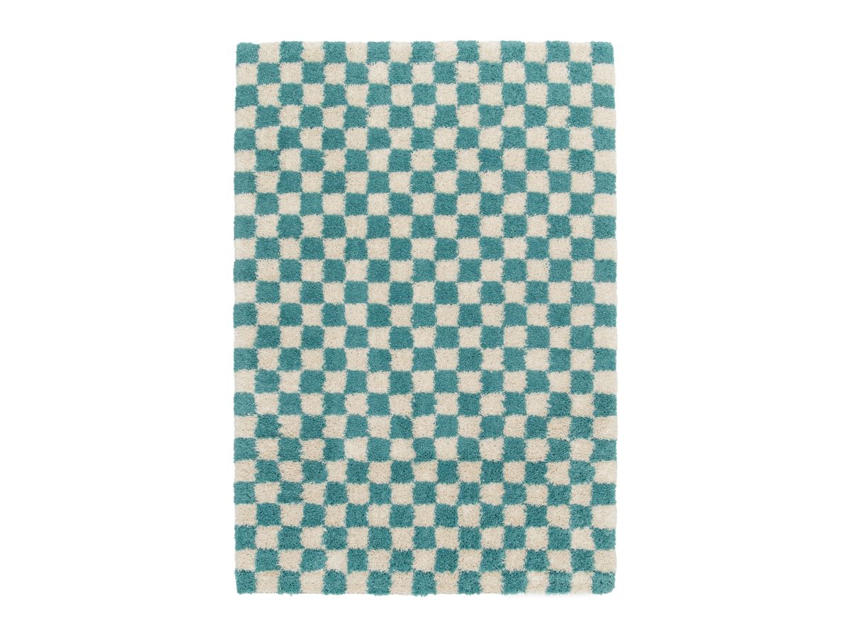 Tapis poils longs DAMIEN motifs damier - Bleu clair