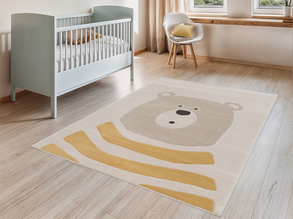 Tapis poils ras BERNIE motif ours - Beige