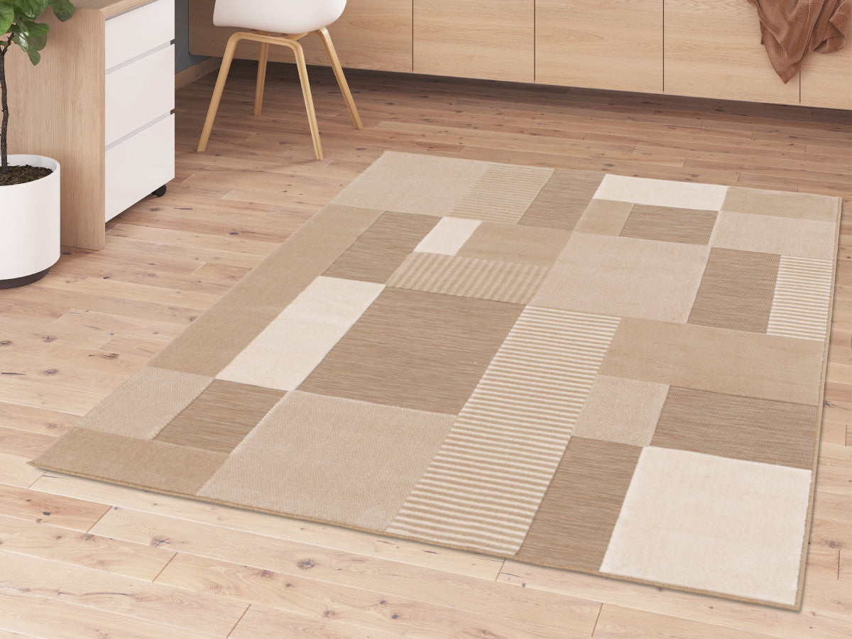 Tapis poils ras CLAUDE motif graphique - Beige