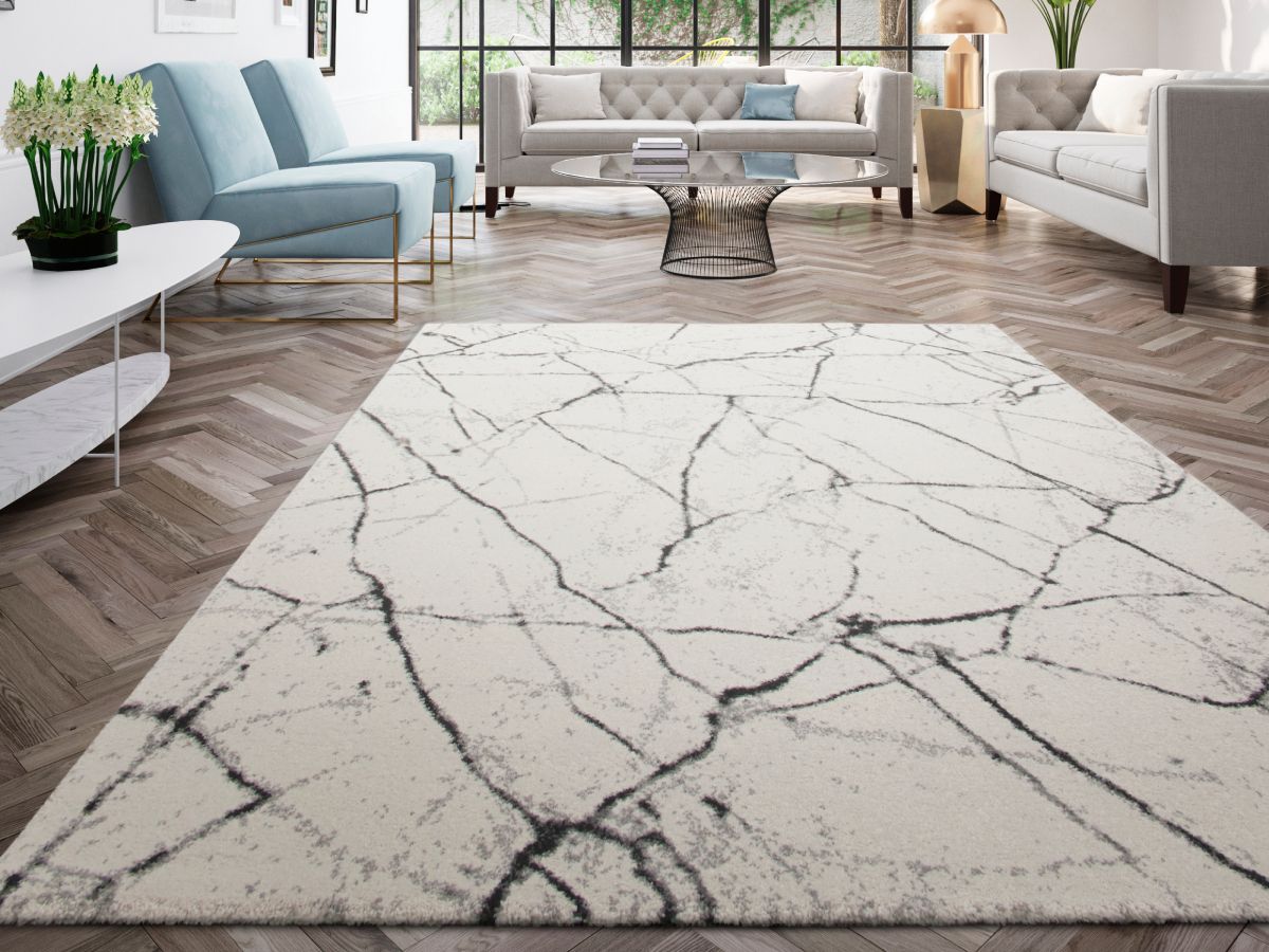 Tapis poils ras ERINE motif abstrait - Imprimé marbre noir et blanc