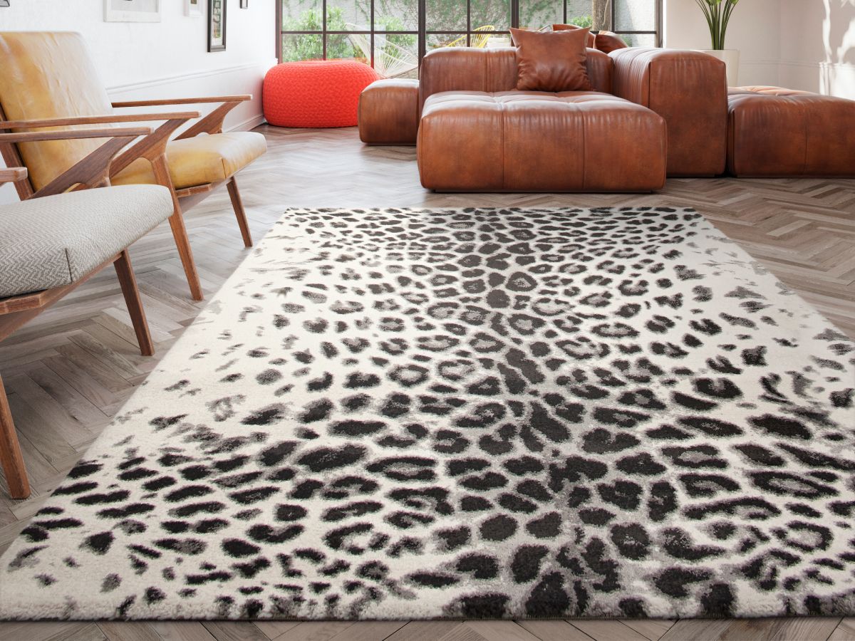 Tapis poils ras MERYL motif léopard - Imprimé léopard noir