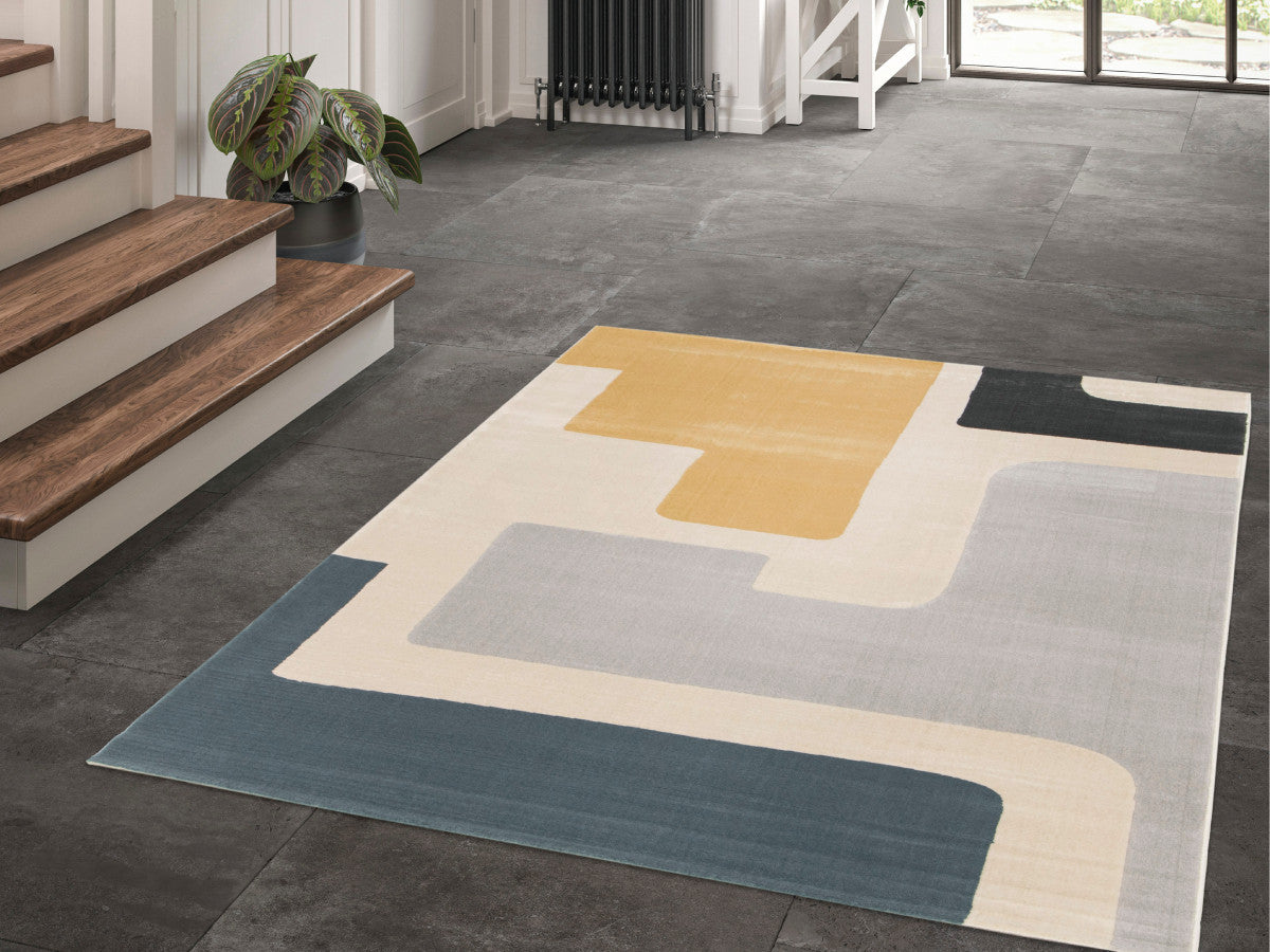 Tapis poils ras MONIQUE motif abstrait - Jaune