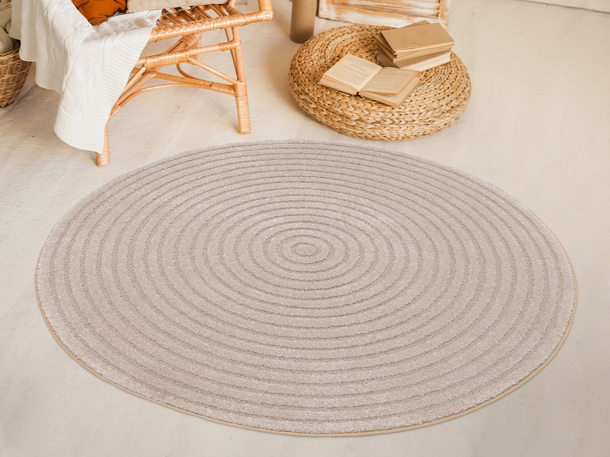 Tapis rond poils ras ONDELIA motif géométrique - Beige