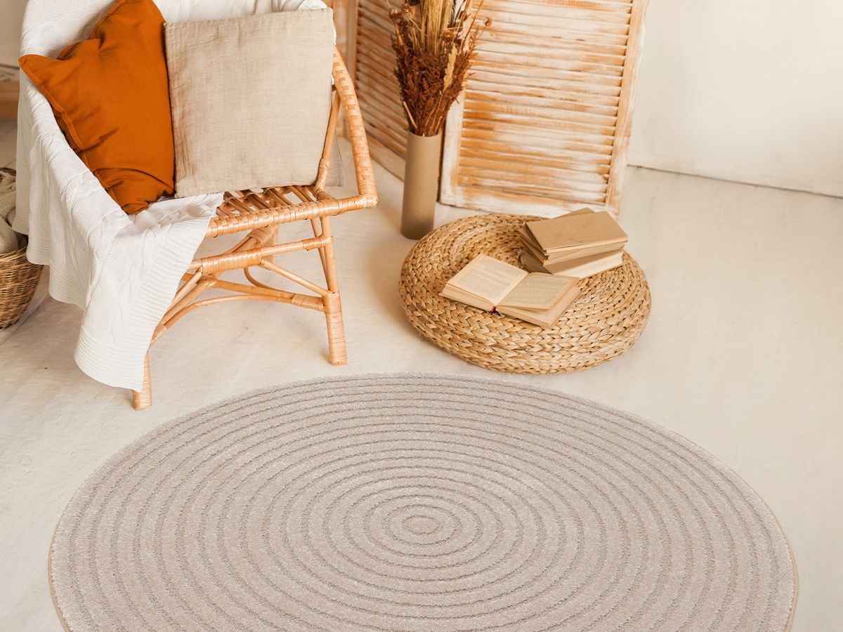 Tapis rond poils ras ONDELIA motif géométrique - Beige