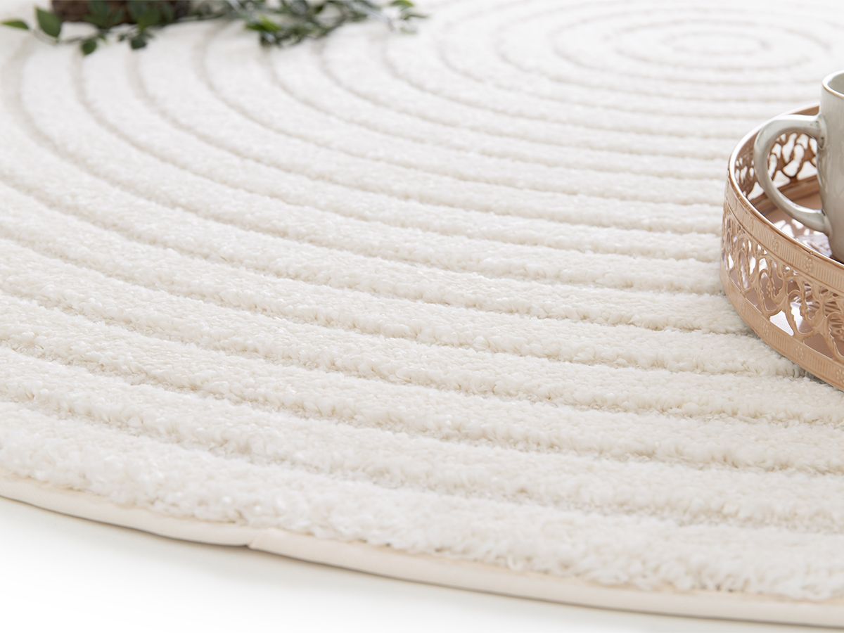 Tapis rond poils ras ONDELIA motif géométrique - Crème