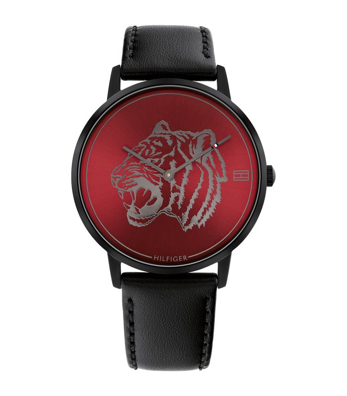 Tommy Hilfiger - Casual - Homme - Bracelet Cuir Noir - Boitier Pvd Noir - Cadran Rouge Avec Tigre